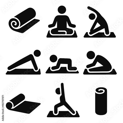 Various yoga poses and exercise icons on a gray background
