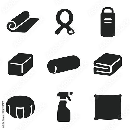 Essential yoga equipment icons: mat, block, strap, and more