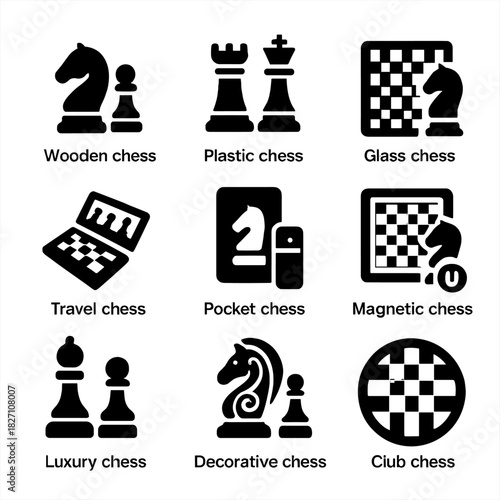 Variety of chess pieces and boards: wooden, plastic, glass, magnetic, decorative