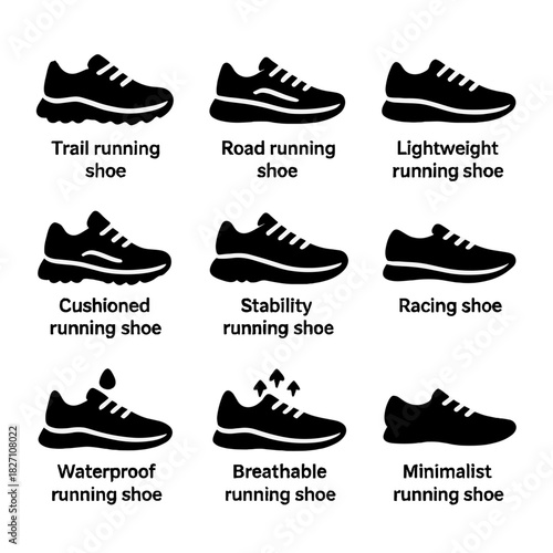 Variety of running shoes: trail, road, lightweight, cushioned, stability, racing