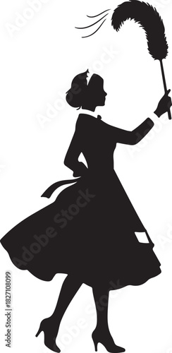 Elegant silhouette of a vintage maid or nanny holding a feather duster, classic domestic service worker illustration on white