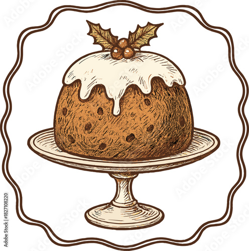 Festive dessert served on a cake stand with holly garnishment in a cozy setting during the holiday season