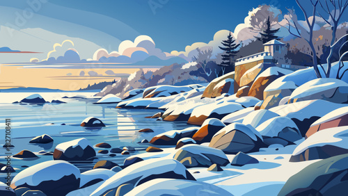 Very beautiful winter coastal scene featuring snow-covered rocks lining the shoreline of Narragansett Bay, calm icy waters, soft diffused light, and a peaceful New England seaside atmosphere.