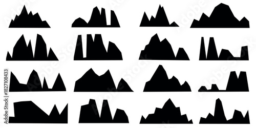 Mountain silhouette vector set with rocky peaks and forest landscapes. Black outline icons for outdoor adventure logos, hiking trail designs, and wilderness exploration graphics