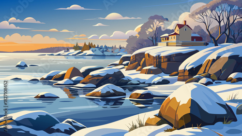 Very beautiful winter coastal scene featuring snow-covered rocks lining the shoreline of Narragansett Bay, calm icy waters, soft diffused light, and a peaceful New England seaside atmosphere.