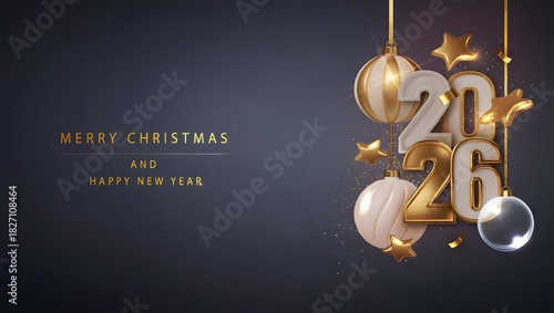 Happy new year 2026. Festive design with Christmas decorations, balls, streamers and garlands