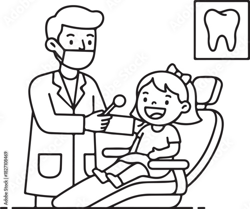Dentist examining happy young girl in dental chair with dental tools and tooth x-ray, illustrating pediatric dental care visit