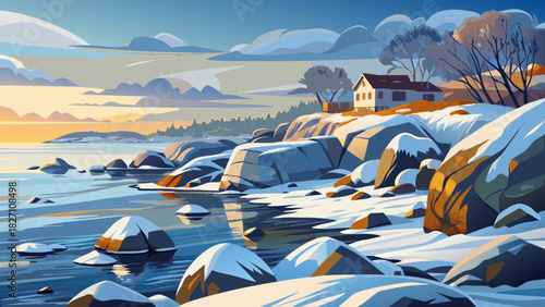 Very beautiful winter coastal scene featuring snow-covered rocks lining the shoreline of Narragansett Bay, calm icy waters, soft diffused light, and a peaceful New England seaside atmosphere.