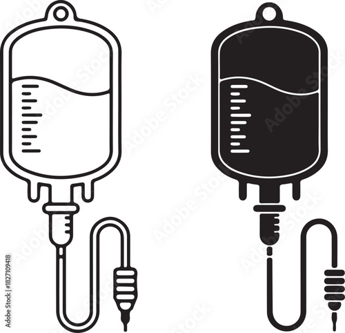 Intravenous drip bag with medical fluid and tube for patient treatment, health care icon in outline and solid styles.