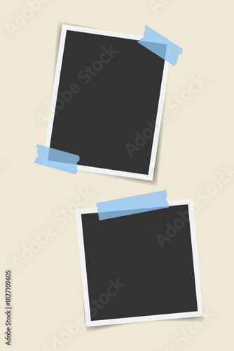 Taped photo layout design. Vintage photo frame with tape. Template for social media design. Picture border illustration. Aesthetic snapshot frames collage template