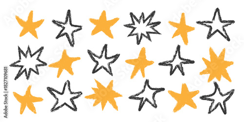 Outline pencil texture star icon set. Doodle sketch comic stars collection. Cildish Twinkle shape . Naive style shine elements. Crayon chalk drawings. Retro kids art sparkle symbol