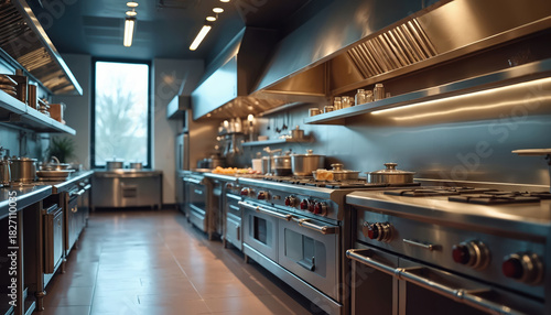 Pro kitchen interior with stainless steel equipment. Modern cooking appliances in restaurant. Shiny clean kitchen with stoves ovens shelves and accessories. Culinary industry design