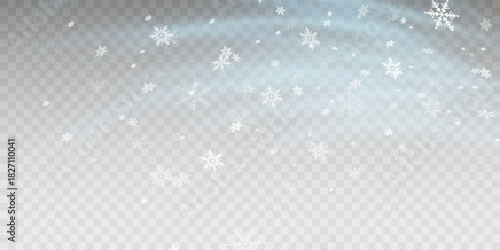 Tiny flying snow flakes illustration. Snowstorm dust freeze shapes. Snowfall sky white transparent wallpaper. Flat snowflakes january vector. Snow hurricane landscape.	