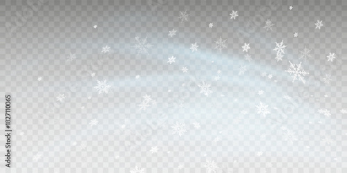 Tiny flying snow flakes illustration. Snowstorm dust freeze shapes. Snowfall sky white transparent wallpaper. Flat snowflakes january vector. Snow hurricane landscape.	