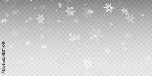 Tiny flying snow flakes illustration. Snowstorm dust freeze shapes. Snowfall sky white transparent wallpaper. Flat snowflakes january vector. Snow hurricane landscape.	