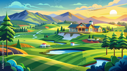 Very beautiful panoramic golf course scene featuring the 18th tee at Melody Hill Golf & Country Club, with lush green fairways, sunlit meadows, gently rolling hills, and a serene New England morning 