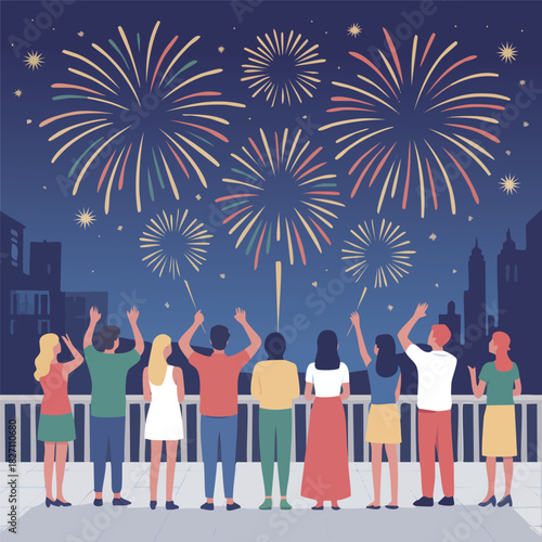 A diverse group of friends gathered on a balcony watching a spectacular colorful fireworks display over the city at night
