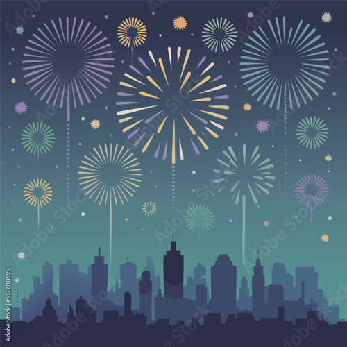 Vector illustration of a vibrant fireworks display bursting over a modern city skyline during a nighttime celebration