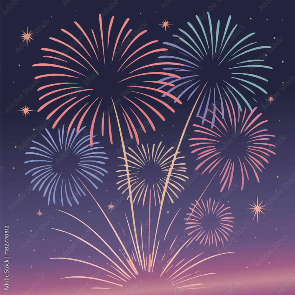 Naklejka premium A vibrant and festive illustration of colorful fireworks exploding in the night sky, featuring various pyrotechnic bursts and bright sparkles for celebration
