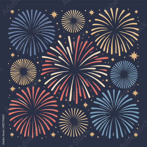 Vibrant Explosion of Colorful Fireworks Displaying Diverse Patterns and Radiating Light Against a Deep Blue Night Sky