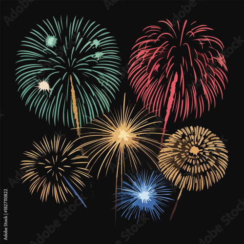 A vibrant set of four isolated firework explosion illustrations, featuring golden and reddish pyrotechnics against a dark background for festive occasions