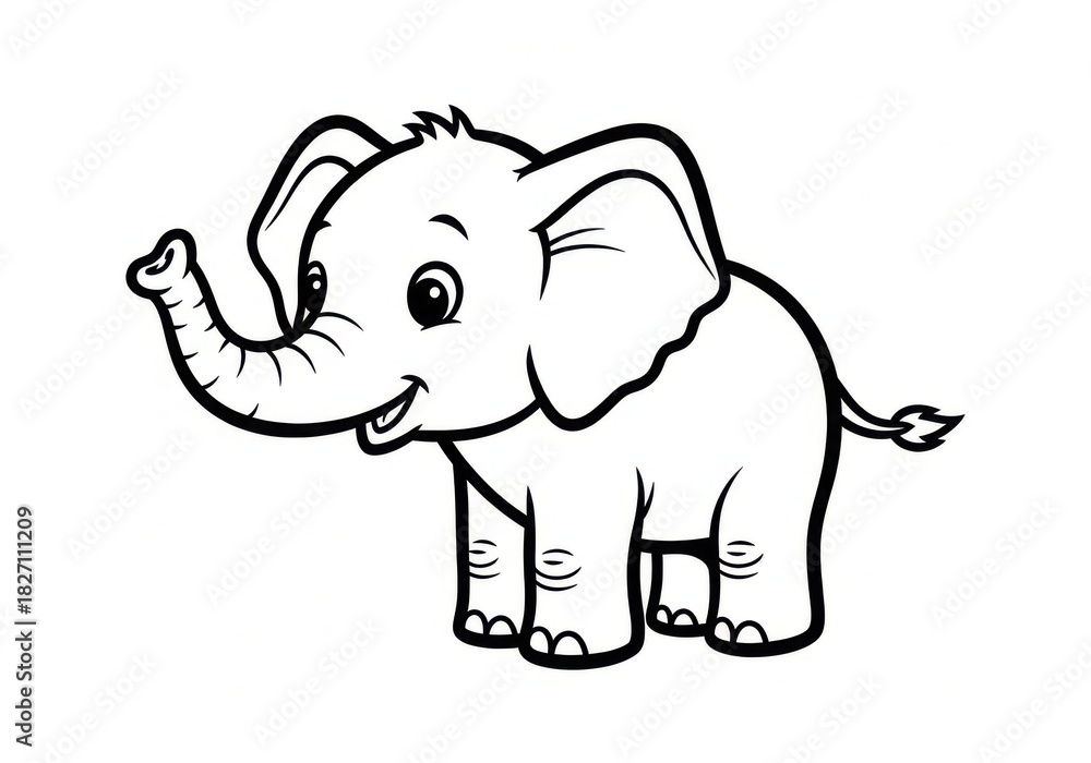 Fototapeta premium Charming baby elephant with oversized ears and trunk drawn in chunky outlines for toddler coloring
