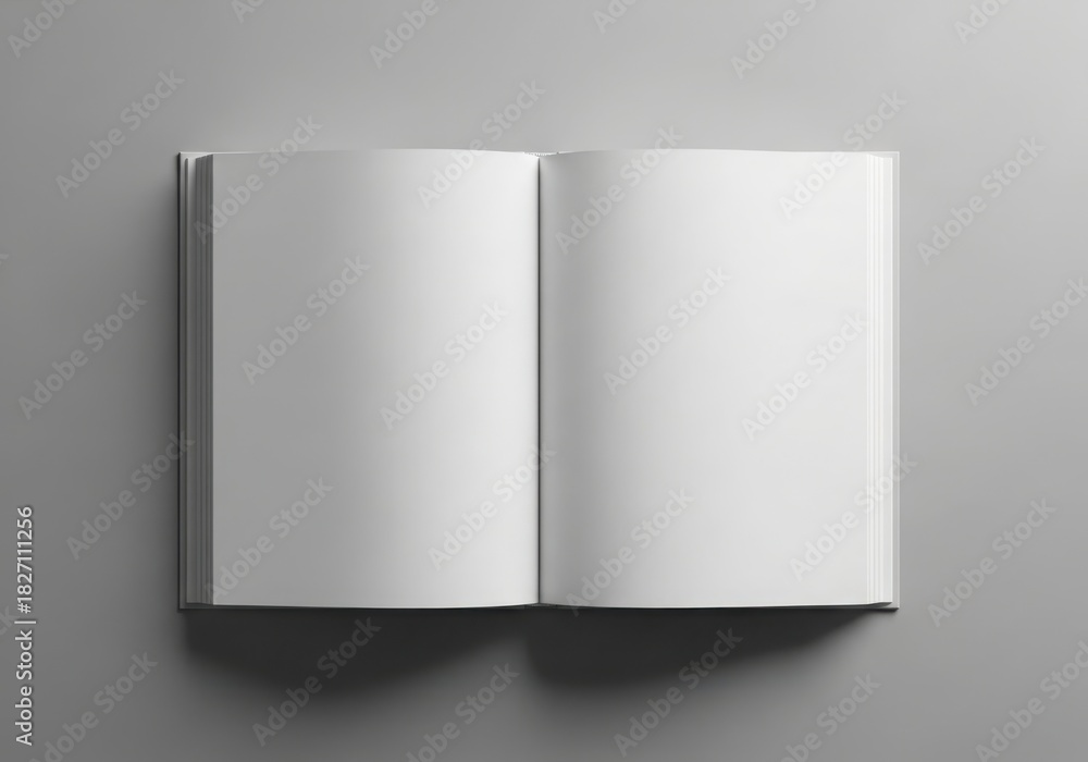 Fototapeta premium Open blank book with white pages on a gray background