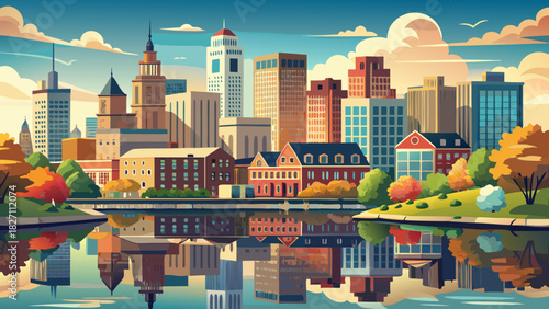 Very beautiful panoramic cityscape showcasing Providence’s downtown skyline reflected on the calm river, with a harmonious blend of modern and historic architecture under soft daylight in a peaceful N