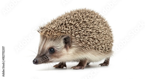 Cute spiny European hedgehog with detailed quills and beady eyes in a foraging pose cut out on white