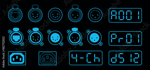 Blueprint-style UI icons set showing DMX displays, XLR and Ethernet connectors, power sockets, and control indicators in a neon-blue outline on a dark background.