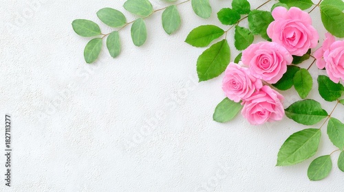 Beautiful Arrangement of Pink Roses and Green Leaves on a Soft White Background, Perfect for Floral Decor and Romantic Themes