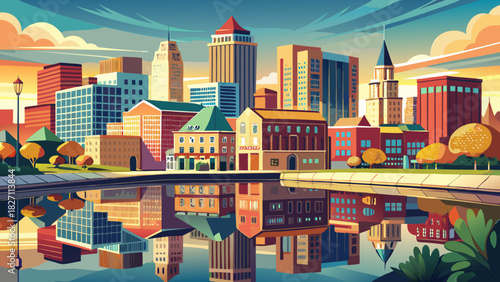 Very beautiful urban panorama showcasing Providence’s city skyline with modern skyscrapers, streets lined with street lamps, and historic buildings reflected on the calm Woonasquatucket River, capturi