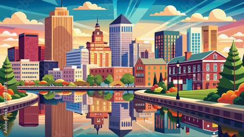 Very beautiful urban panorama showcasing Providence’s city skyline with modern skyscrapers, streets lined with street lamps, and historic buildings reflected on the calm Woonasquatucket River, capturi