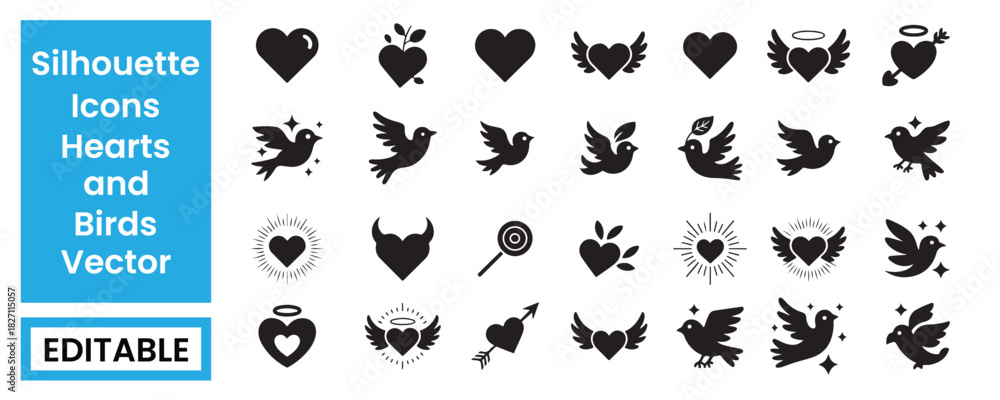 Naklejka premium Silhouette Icons of Hearts and Birds Vector Collection