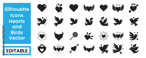 Silhouette Icons of Hearts and Birds Vector Collection