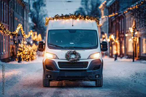 Winter van adorned with holiday decorations on a snow-covered street in the evening glow of festive lights Generative AI