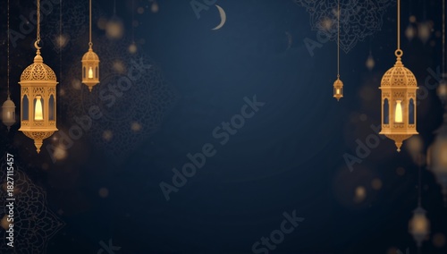 Golden lanterns hanging against a dark blue background with a crescent moon and bokeh lights