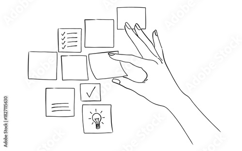 線画の付箋（ポストイット）とそれを貼る手,アイデア,ブレスト,タスク管理,メモ,ToDoリスト,シンプル,ベクター