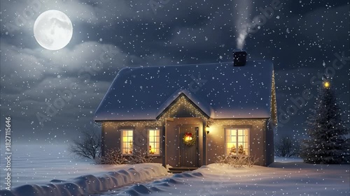 Cozy Christmas Eve video with gentle snowfall, illuminated holiday home, and a glowing moon creates a magical winter wonderland scene