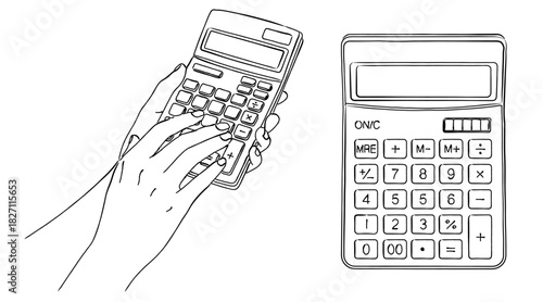 線画の電卓と操作する手（モノクロ）,計算,事務作業,ビジネス,経理,シンプル,ベクター