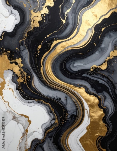 Fluid abstract art with swirling black, white, and gold marble-like patterns