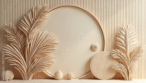 Fototapeta Naklejka Na Ścianę i Meble -  Illustration of a beige wooden wall art panel. Decorative design contains leaf and circle elements. Modern abstract art is suitable for home interior decor.