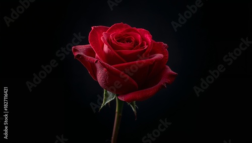 A single red rose with water droplets on its petals against a dark black background in a studio shot