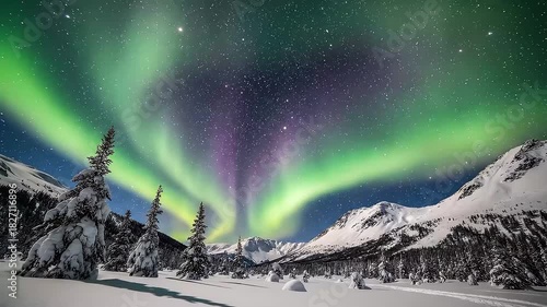 Northern lights over snowy mountains and pine trees at night
