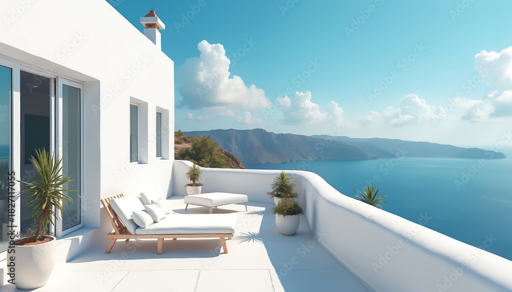 Obraz premium White modern villa terrace with lounge chairs overlooking blue ocean. Minimalist white furniture plants on a sunny day. Scenic coastal landscape with mountains and clear sky.