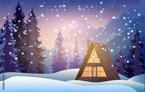 A picturesque winter scene showcases a cozy cabin nestled among tall evergreen trees