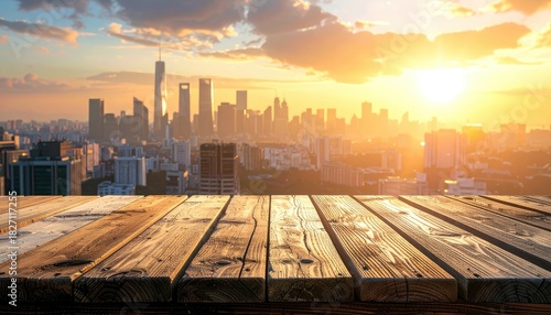 Golden Hour Cityscape. Wooden tabletop overlooking a modern city skyline at a beautiful golden sunrise