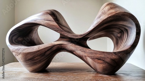 An abstract wooden sculpture is displayed on a wooden table indoors. The sculpture has an organic, flowing form with smooth curves and a natural wood grain. The