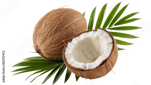 Fresh coconuts and palm leaves  png  isolated on transparent background, offer a tropical island vibe, perfect for food, beauty, and wellness brands