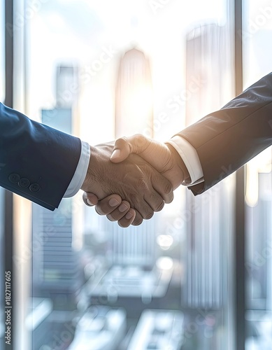 Two suited individuals shaking hands with city skyscrapers visible